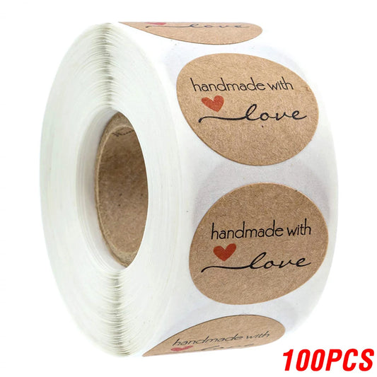 100–500 Pcs Vintage Kraft Paper "Handmade with Love" Stickers (1-Inch) | Adhesive Thank You Labels for Packaging, Baking Seals, Envelopes & Small Business Gifts
