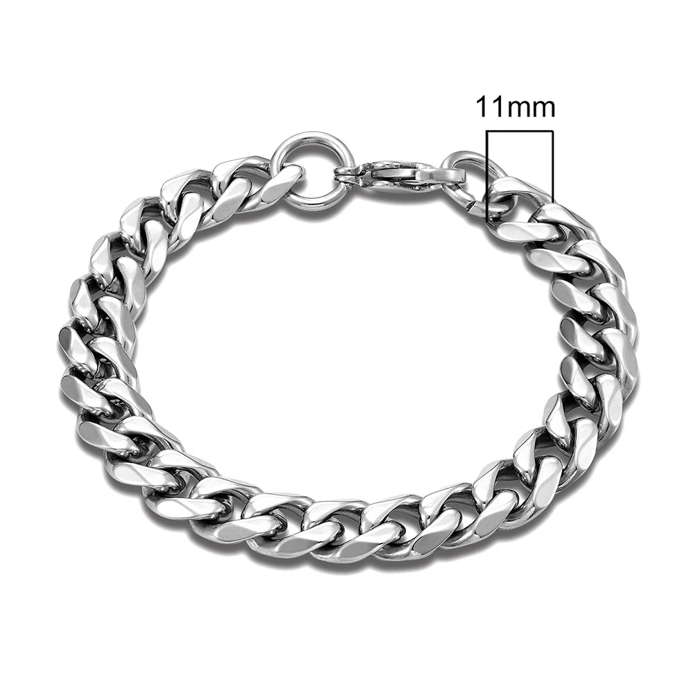 3mm–11mm Stainless Steel Cuban Link Chain Bracelet | Heavy-Duty Silver Curb Chain Wristband for Men & Women | Punk Rock Biker Jewelry