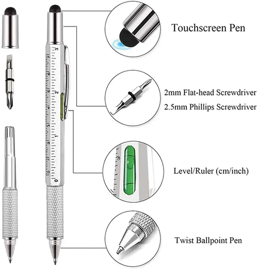 7-in-1 Multifunctional Tool Pen with Touch Screen Stylus & Screwdriver Set | Heavy-Duty Metal Ballpoint Pen with Bubble Level, Rulers & Refills for Engineers, Handymen & DIY