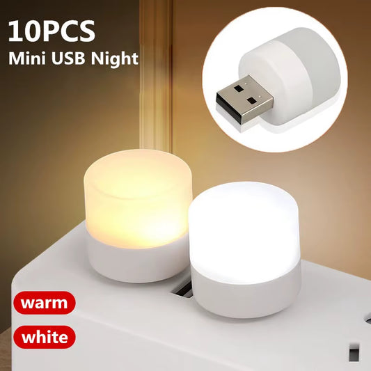 Mini USB LED Night Light Plug-In (1/10 Pcs) | Warm White Eye Protection Reading Lamp for Laptop, Power Bank & USB Chargers | Portable Compact Nightlight for Bedroom & Travel