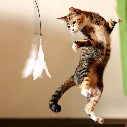 Interactive Cat Feather Teaser Wand Toy with Suction Cup Base & Bell | Long Wire Pole Exercise Toy for Indoor Cats & Kittens | Hands-Free & Manual Play