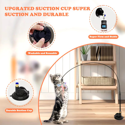Interactive Cat Feather Teaser Wand Toy with Suction Cup Base & Bell | Long Wire Pole Exercise Toy for Indoor Cats & Kittens | Hands-Free & Manual Play