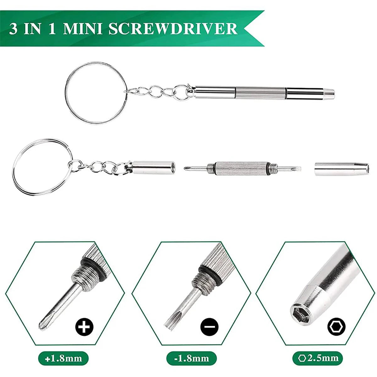 Mini 3-in-1 Keychain Precision Screwdriver Set (1/2/10 Pcs) | Portable Flathead, Phillips & Hex Nut Driver Tool | Eyeglass, Watch & Electronics Pocket Repair Kit
