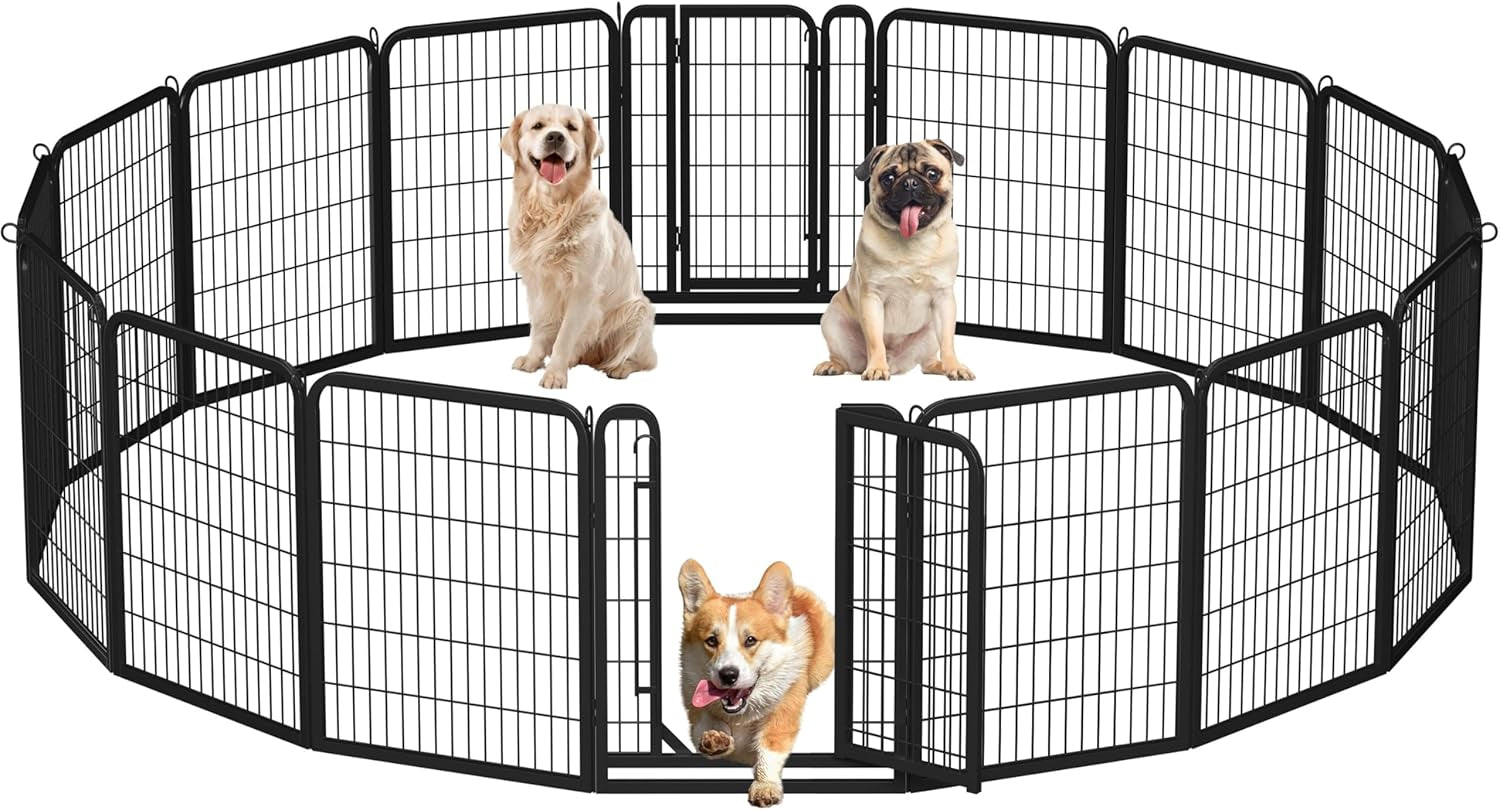 16-Panel Portable Dog Playpen & Pet Fence (32" Height) | Foldable Heavy-Duty Metal Exercise Pen for Small & Medium Dogs | Easy Setup Yard & Camping Gate with Lockable Door