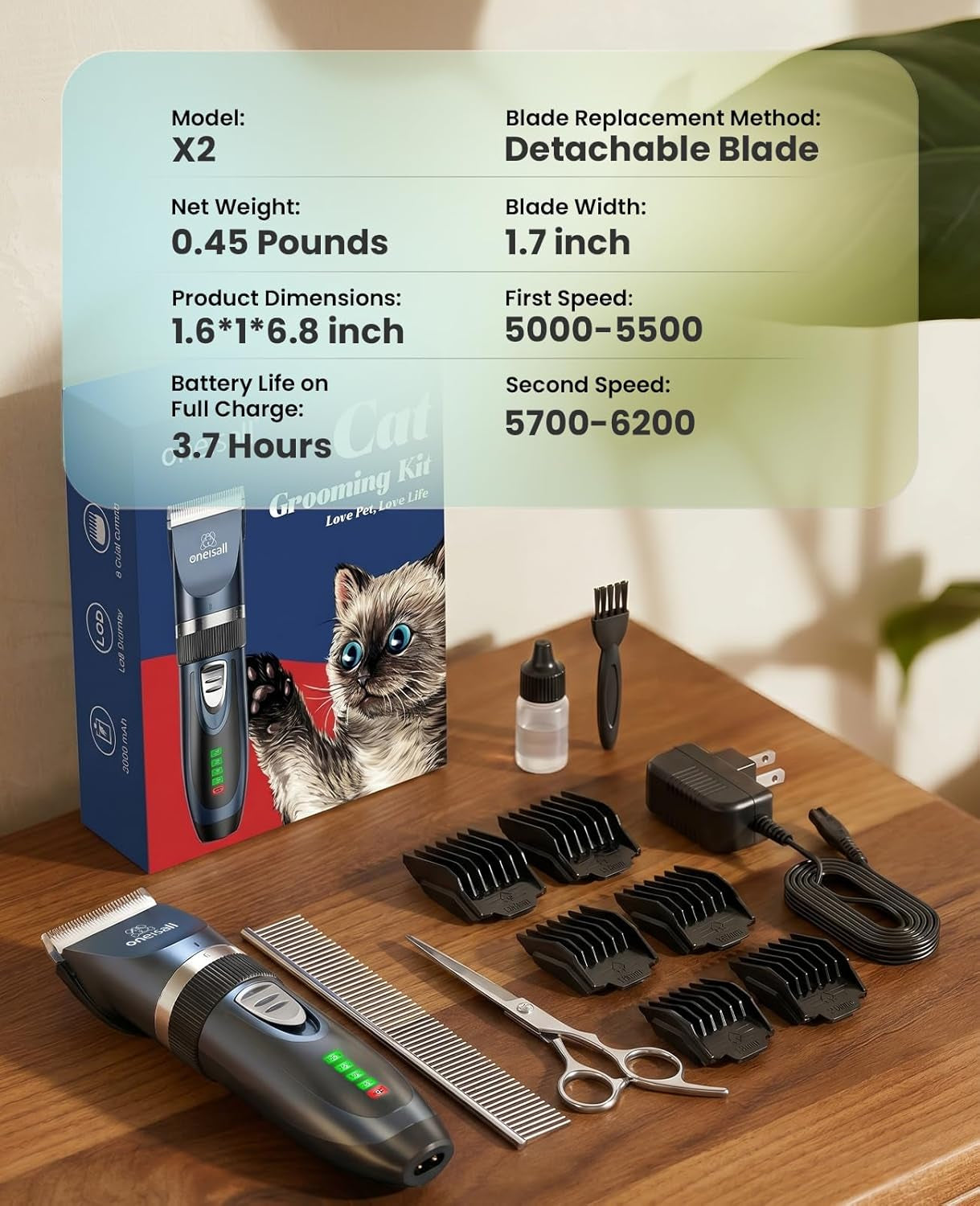 Quiet Cordless Cat Grooming Clippers for Matted & Long Hair | Professional Low-Noise Cat Shaver Kit with LCD Display, 2-Speed Trimmer & 6 Guard Combs | 240-Min Runtime for Cats & Small Dogs