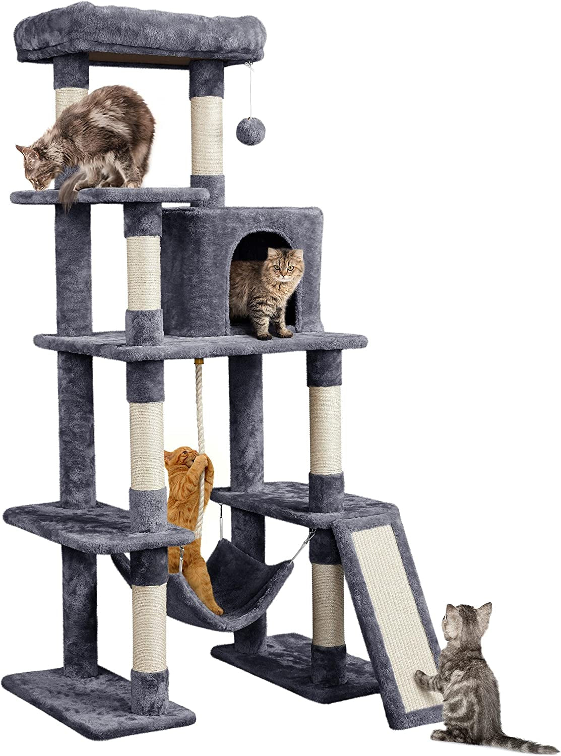 63" Tall Large Cat Tree & Activity Tower for Multiple Big Cats | Heavy-Duty Pet Condo with Cozy Hammock, Natural Sisal Posts & Extra Stable Base | Easy Assembly Indoor Furniture