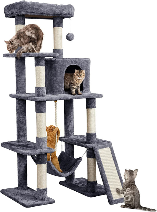 63" Tall Large Cat Tree & Activity Tower for Multiple Big Cats | Heavy-Duty Pet Condo with Cozy Hammock, Natural Sisal Posts & Extra Stable Base | Easy Assembly Indoor Furniture