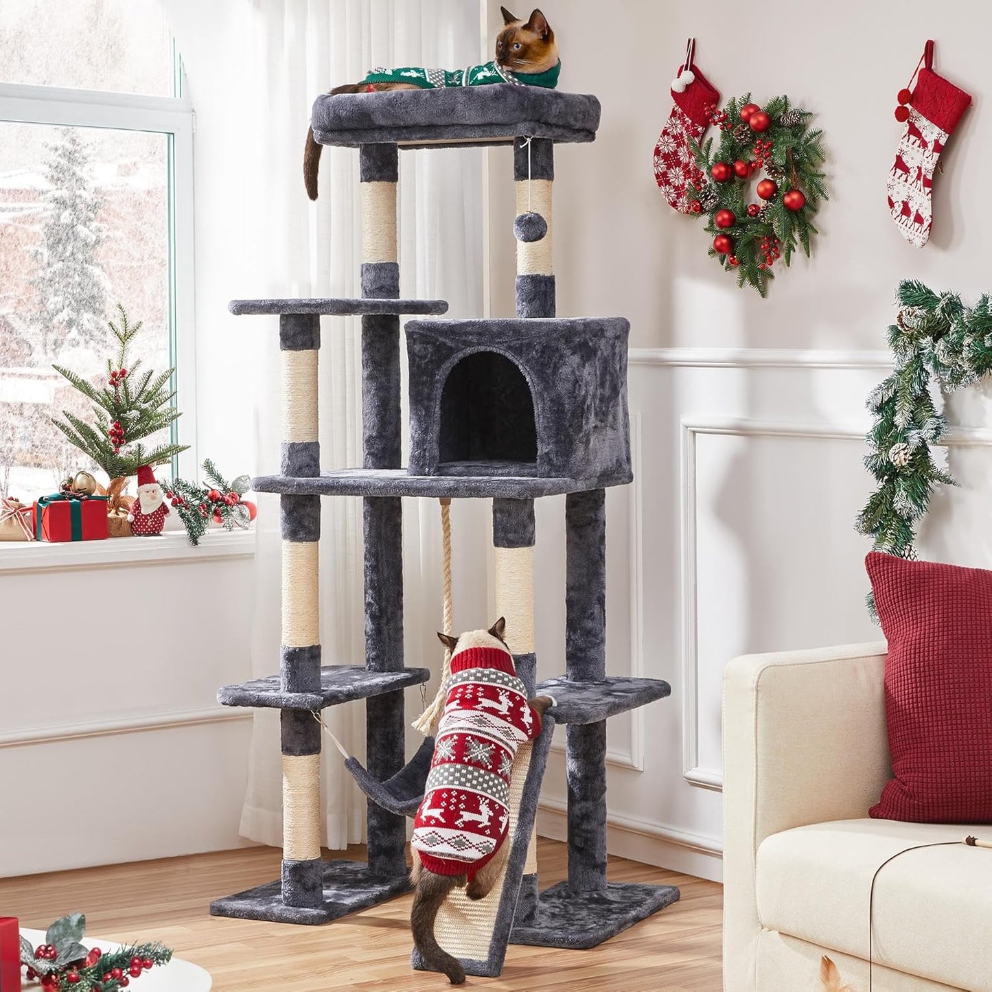 63" Tall Large Cat Tree & Activity Tower for Multiple Big Cats | Heavy-Duty Pet Condo with Cozy Hammock, Natural Sisal Posts & Extra Stable Base | Easy Assembly Indoor Furniture