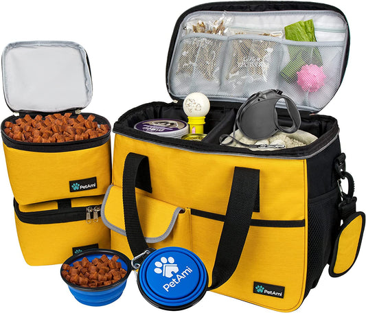 Premium Dog Travel Bag Organizer & Accessories Set | Medium Pet Tote Bag with 2 Silicone Collapsible Bowls & 2 Food Storage Containers | Waterproof Weekend Travel Kit with Luggage Sleeve
