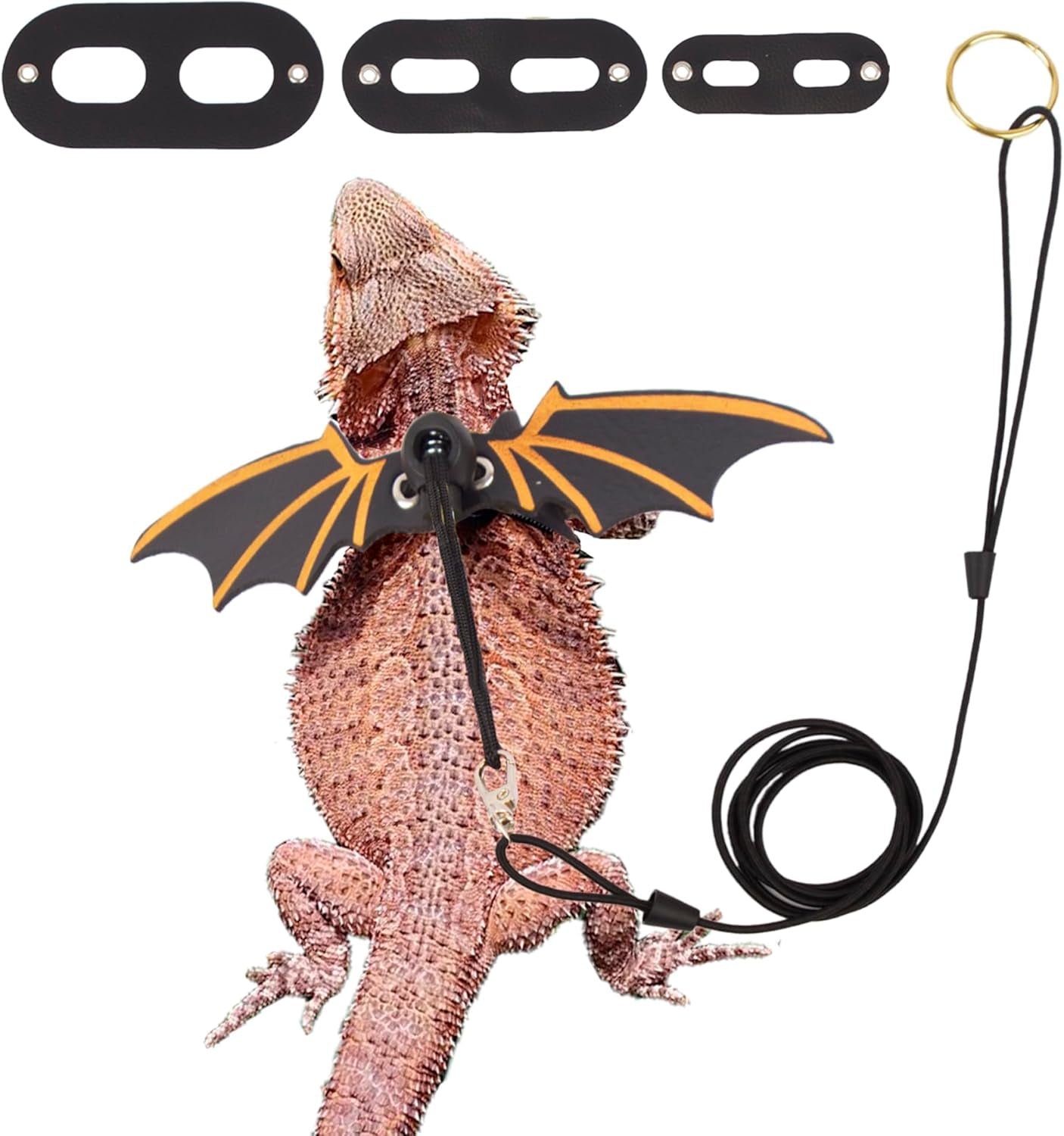 Black Bearded Dragon Harness & Leash Set with Cool Bat Wings | Soft Leather 3-Size Harness Pack for Lizards & Reptiles | Adjustable & Removable Outdoor Walking Gear