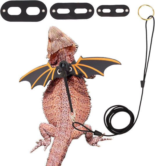 Black Bearded Dragon Harness & Leash Set with Cool Bat Wings | Soft Leather 3-Size Harness Pack for Lizards & Reptiles | Adjustable & Removable Outdoor Walking Gear