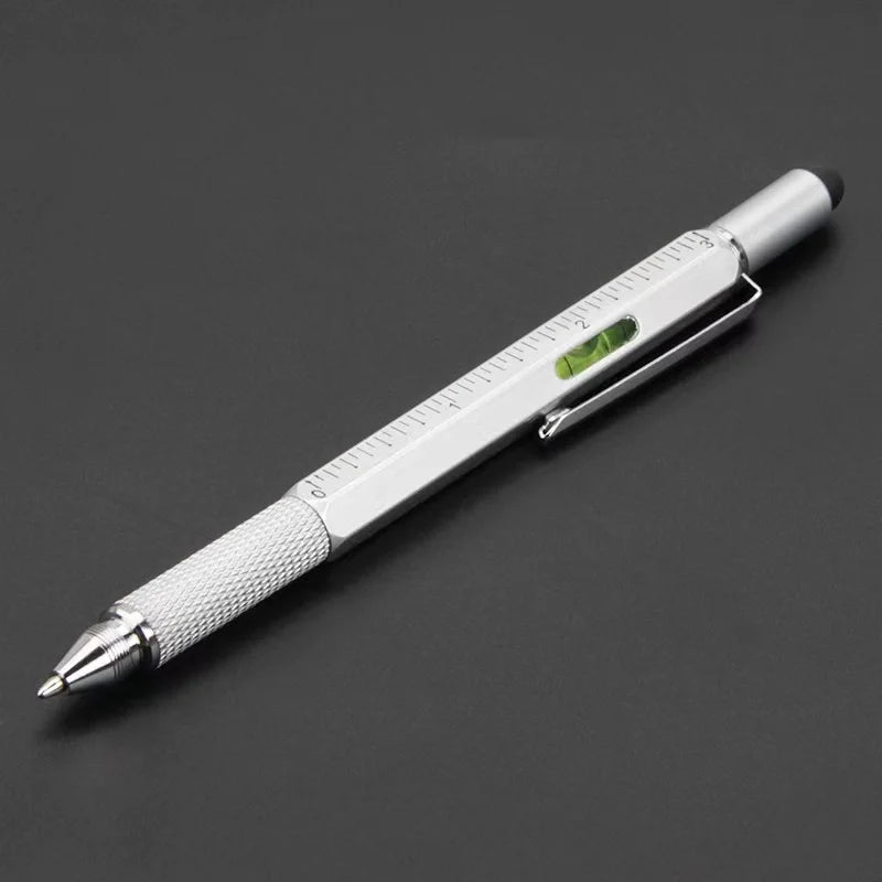 7-in-1 Multifunctional Tool Pen with Touch Screen Stylus & Screwdriver Set | Heavy-Duty Metal Ballpoint Pen with Bubble Level, Rulers & Refills for Engineers, Handymen & DIY