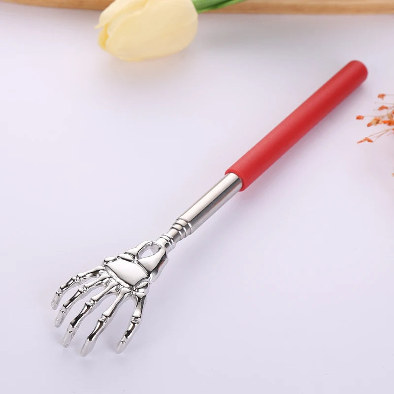 Telescopic Skull Palm Back Scratcher & Hand Massager | Extendable Stainless Steel Backslap Tool with Non-Slip Rubber Handle | Fun Novelty Decompression Relief Stick