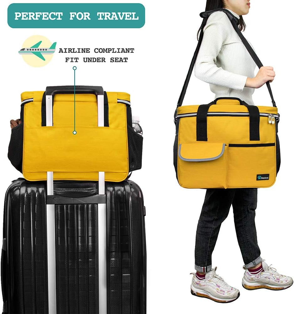 Premium Dog Travel Bag Organizer & Accessories Set | Medium Pet Tote Bag with 2 Silicone Collapsible Bowls & 2 Food Storage Containers | Waterproof Weekend Travel Kit with Luggage Sleeve