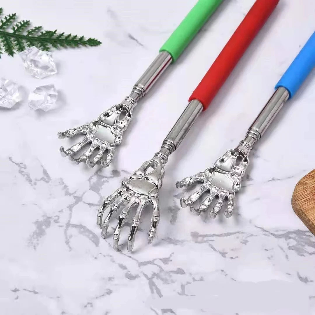 Telescopic Skull Palm Back Scratcher & Hand Massager | Extendable Stainless Steel Backslap Tool with Non-Slip Rubber Handle | Fun Novelty Decompression Relief Stick