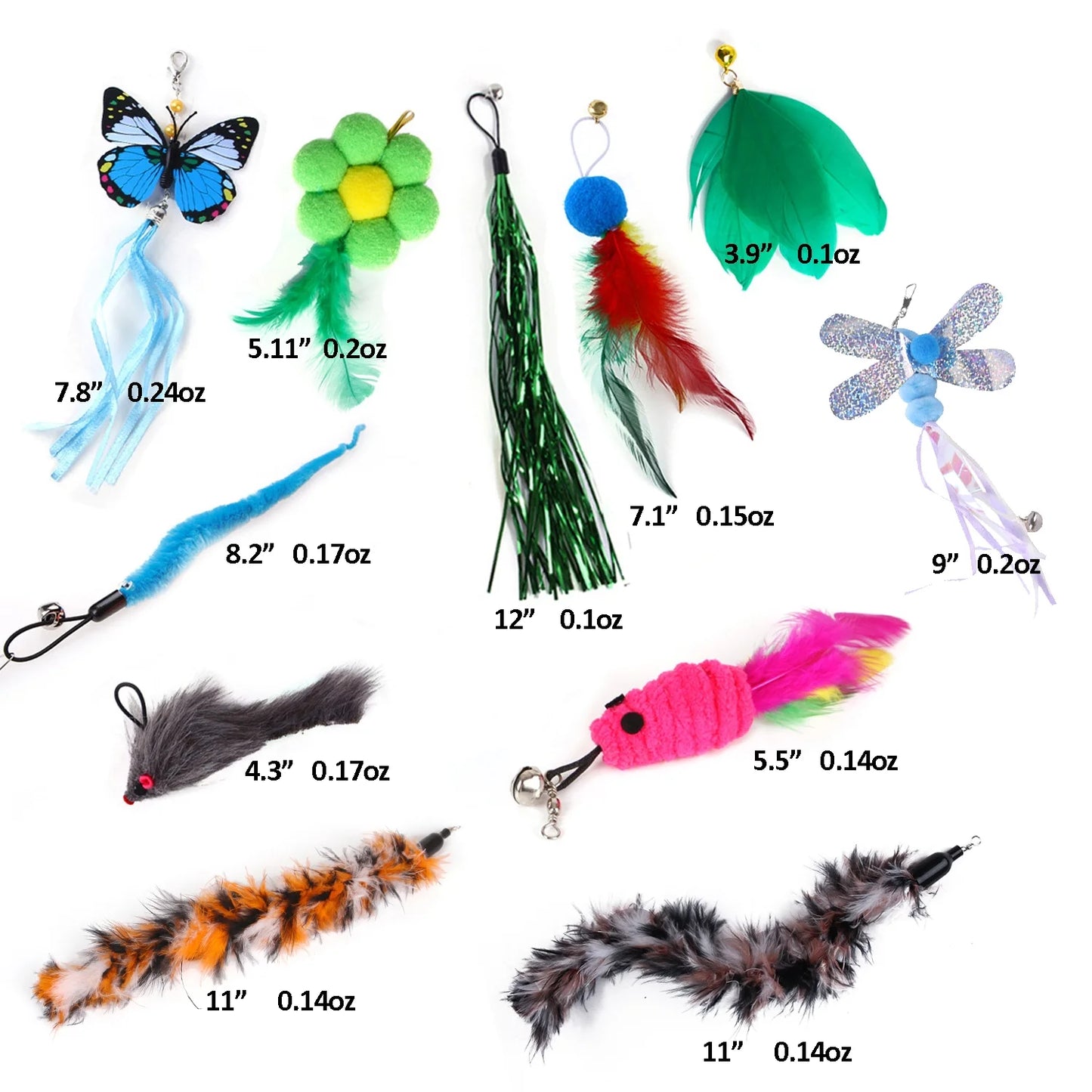 11-Piece Ultimate Feather Wand Cat Toy Refill Pack – Interactive Butterfly, Worm & Teaser Attachments for Indoor Cats & Kittens