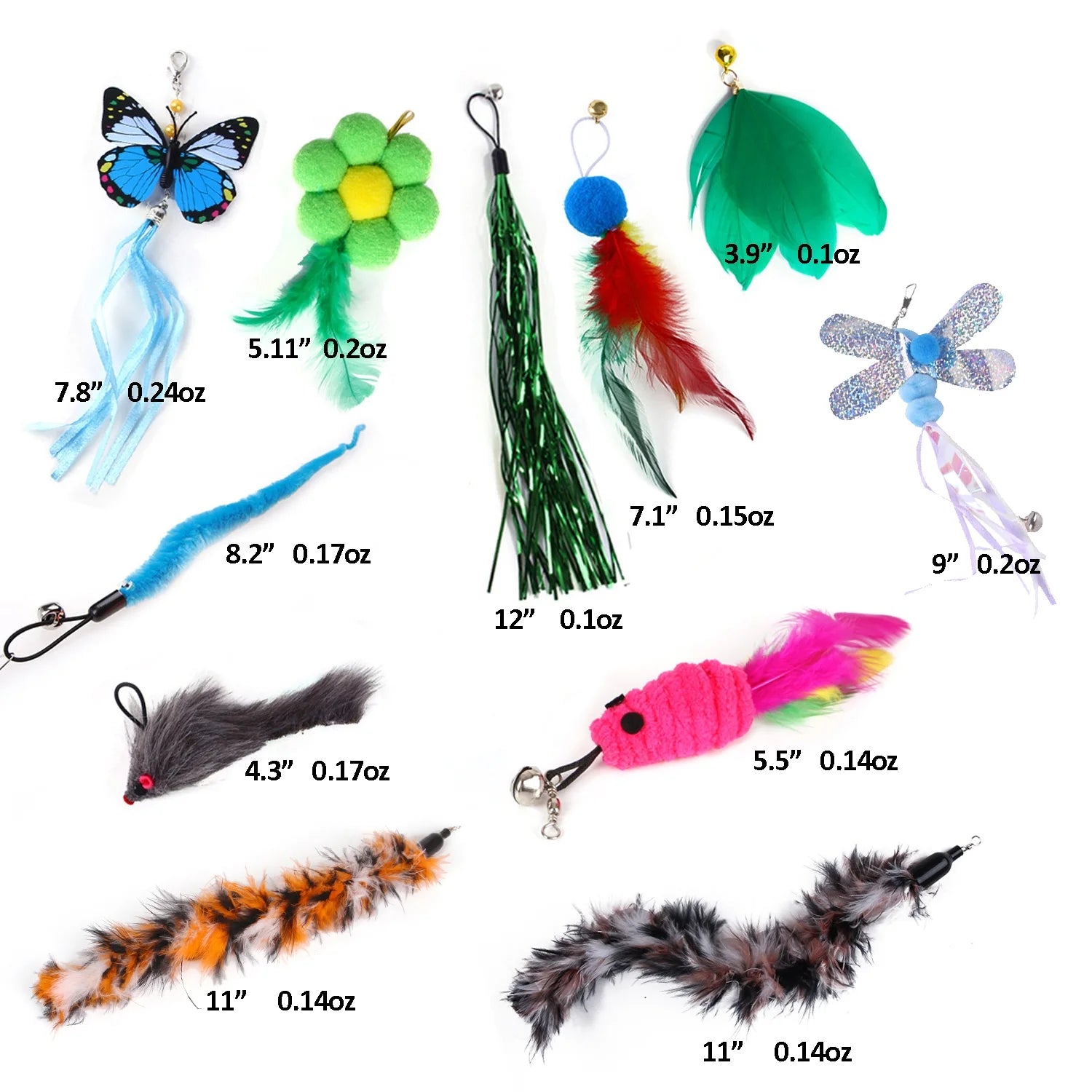 11-Piece Ultimate Feather Wand Cat Toy Refill Pack – Interactive Butterfly, Worm & Teaser Attachments for Indoor Cats & Kittens