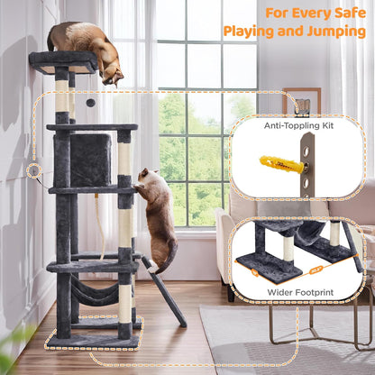 63" Tall Large Cat Tree & Activity Tower for Multiple Big Cats | Heavy-Duty Pet Condo with Cozy Hammock, Natural Sisal Posts & Extra Stable Base | Easy Assembly Indoor Furniture