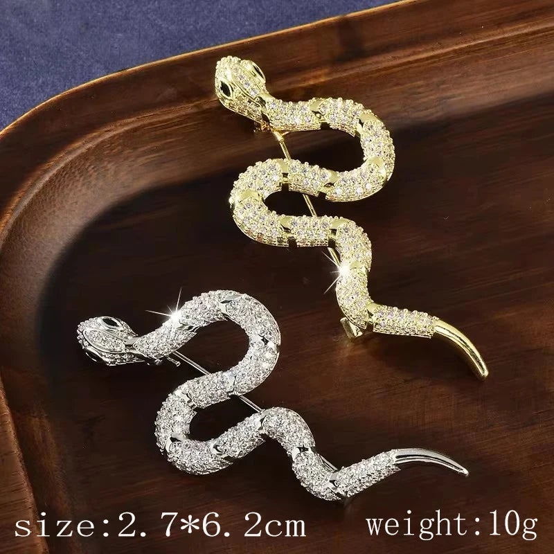 Sleek Silver Snake Brooch Pin with Full Rhinestones | Unisex Sparkling Crystal Serpent Lapel Badge for Suits, Jackets & Scarves | Luxury Animal Jewelry Gift for Women & Men