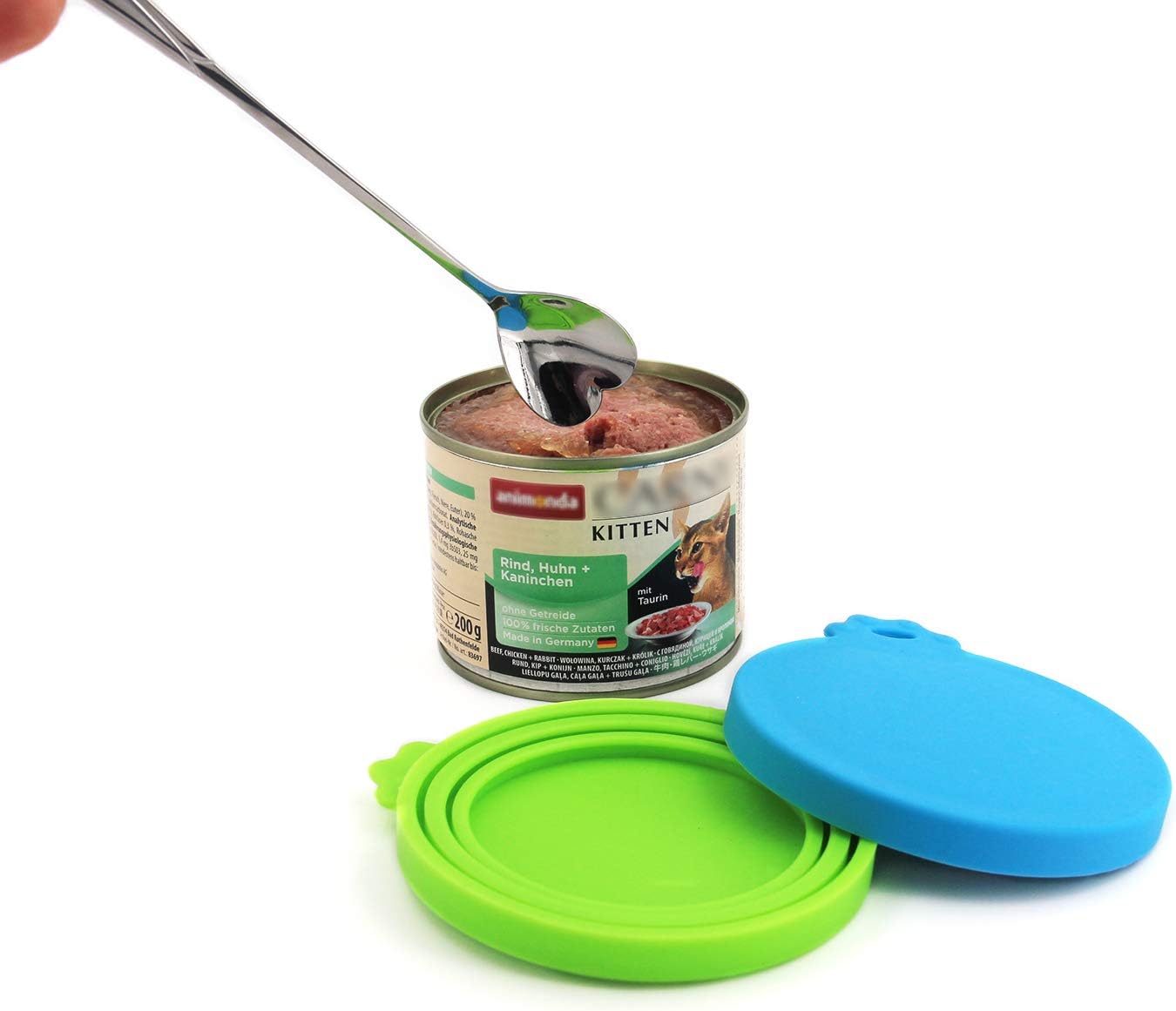 3-Pack Universal Silicone Pet Food Can Covers with Matching Spoon | Airtight Storage Lids for Standard Dog & Cat Food Cans | Reusable, BPA-Free & Dishwasher Safe
