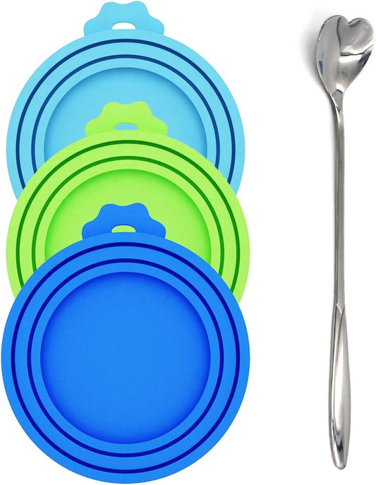 3-Pack Universal Silicone Pet Food Can Covers with Matching Spoon | Airtight Storage Lids for Standard Dog & Cat Food Cans | Reusable, BPA-Free & Dishwasher Safe