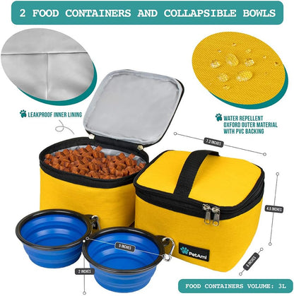 Premium Dog Travel Bag Organizer & Accessories Set | Medium Pet Tote Bag with 2 Silicone Collapsible Bowls & 2 Food Storage Containers | Waterproof Weekend Travel Kit with Luggage Sleeve