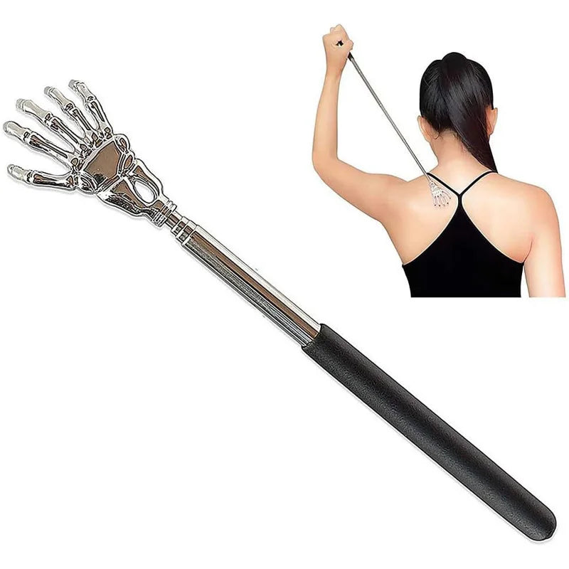 Telescopic Skull Palm Back Scratcher & Hand Massager | Extendable Stainless Steel Backslap Tool with Non-Slip Rubber Handle | Fun Novelty Decompression Relief Stick