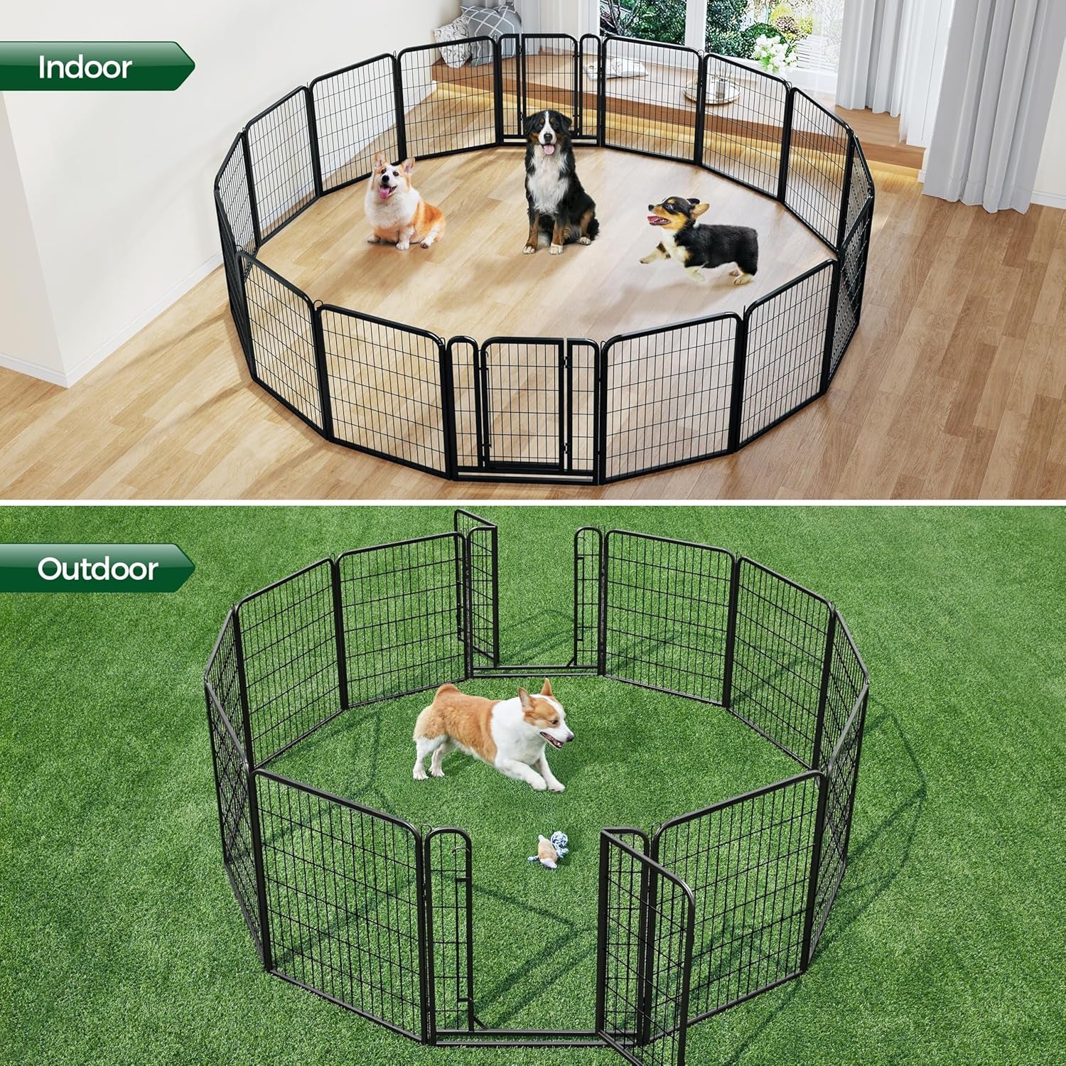 16-Panel Portable Dog Playpen & Pet Fence (32" Height) | Foldable Heavy-Duty Metal Exercise Pen for Small & Medium Dogs | Easy Setup Yard & Camping Gate with Lockable Door