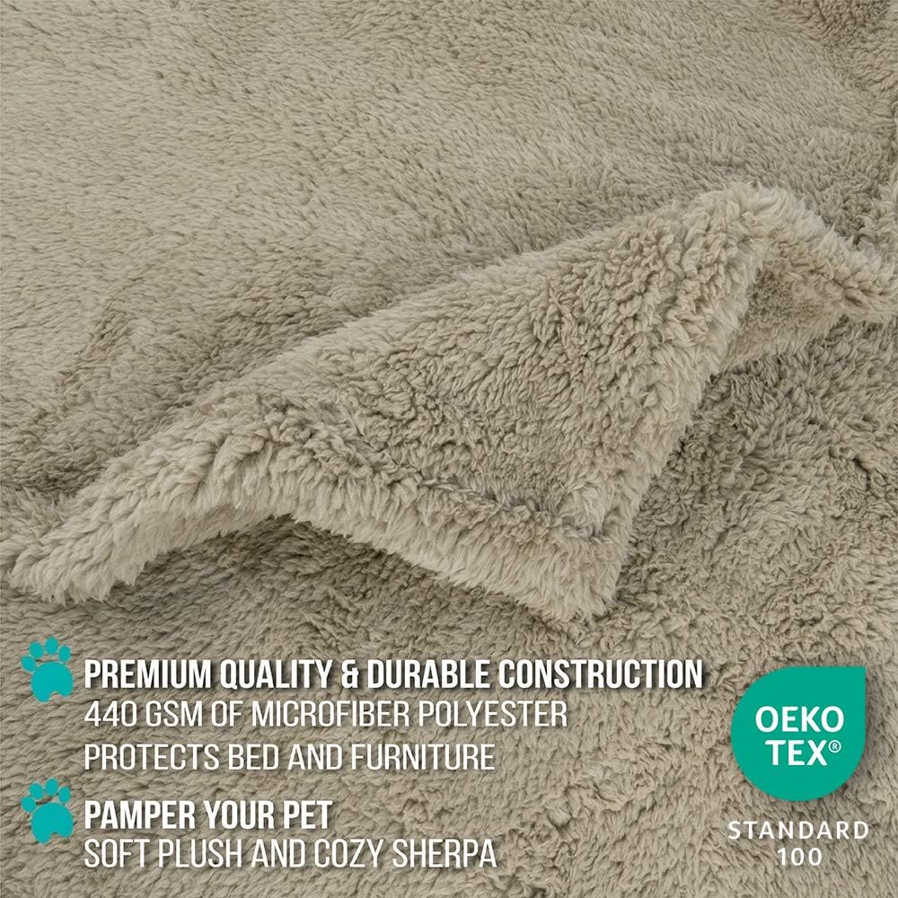 Waterproof Sherpa Pet Blanket for Small Dogs & Cats | Soft Reversible Pee-Proof Furniture Protector | Washable Warm Throw Cover for Couch, Sofa, Crate & Car (24x32 Taupe)