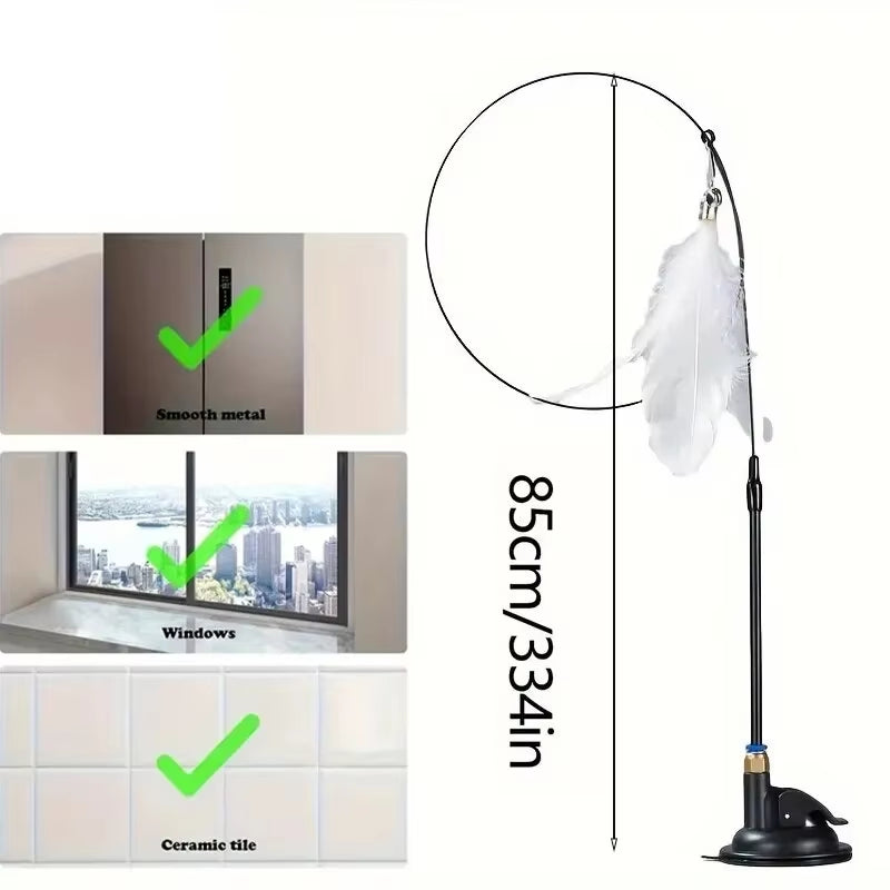 Interactive Cat Feather Teaser Wand Toy with Suction Cup Base & Bell | Long Wire Pole Exercise Toy for Indoor Cats & Kittens | Hands-Free & Manual Play