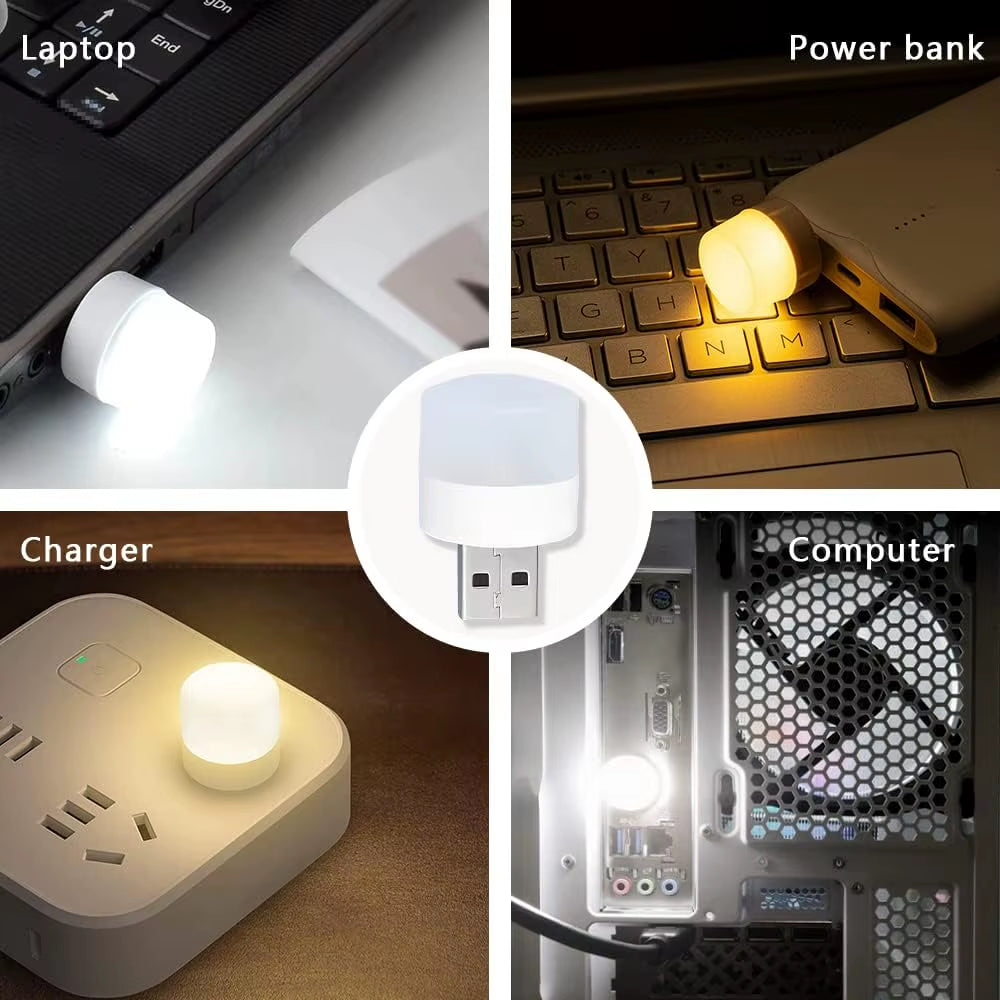 Mini USB LED Night Light Plug-In (1/10 Pcs) | Warm White Eye Protection Reading Lamp for Laptop, Power Bank & USB Chargers | Portable Compact Nightlight for Bedroom & Travel