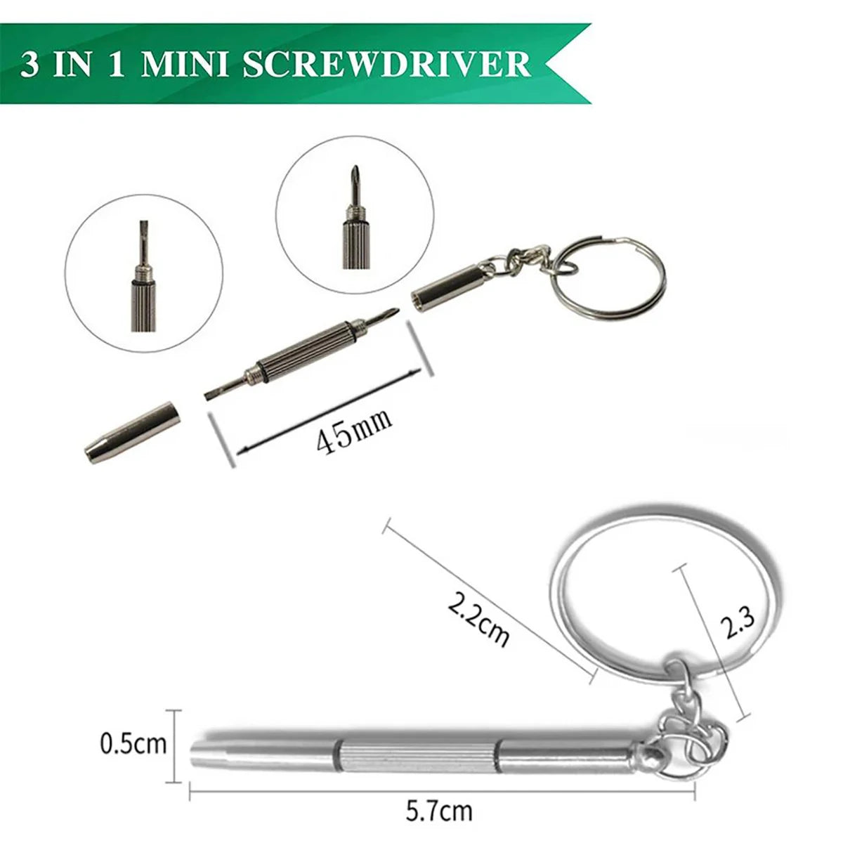 Mini 3-in-1 Keychain Precision Screwdriver Set (1/2/10 Pcs) | Portable Flathead, Phillips & Hex Nut Driver Tool | Eyeglass, Watch & Electronics Pocket Repair Kit