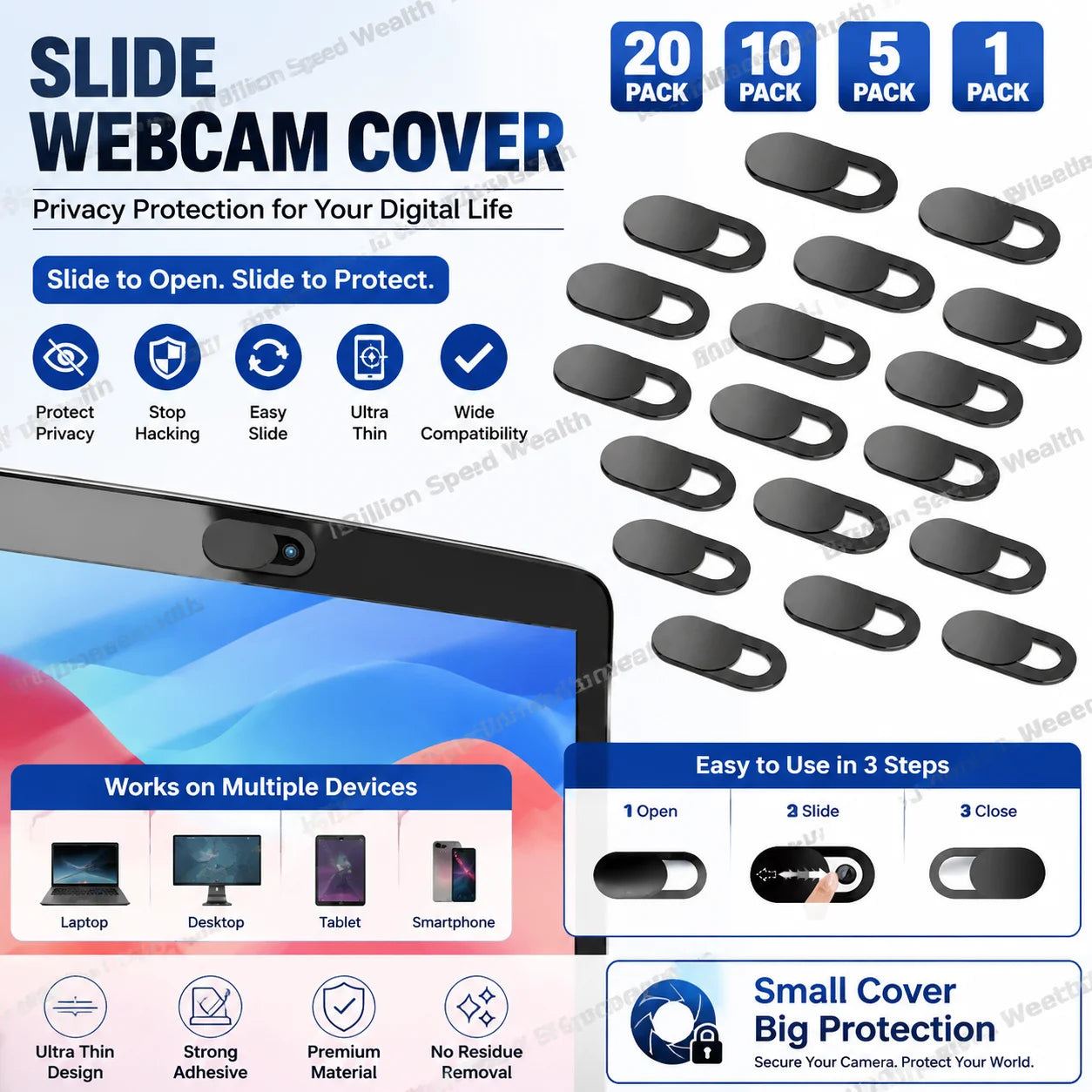 Ultra-Thin Sliding Webcam Cover Set (1/5/10/20 Pcs) | Universal Anti-Spy Laptop Camera Privacy Slider | Camera Cover Sticker for MacBook, iPad, PC, iPhone, Tablet & Lenses