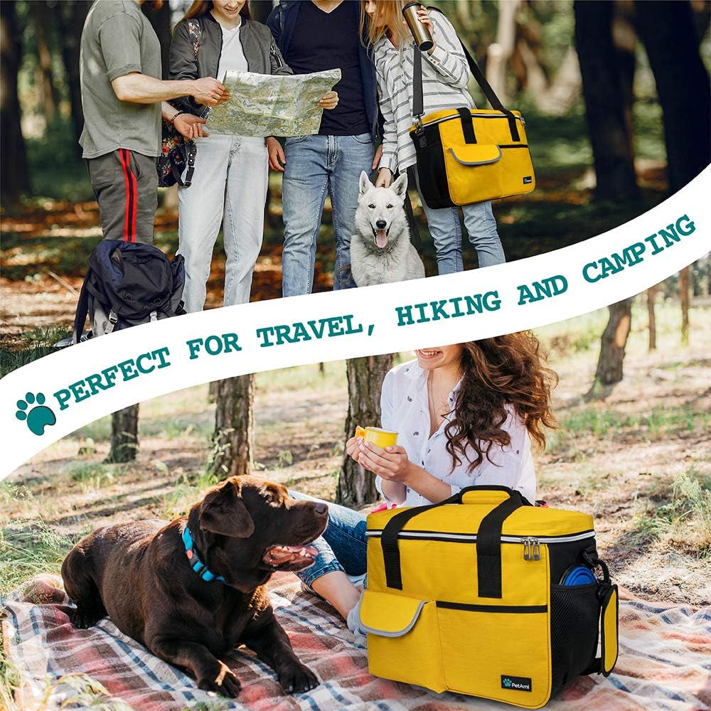Premium Dog Travel Bag Organizer & Accessories Set | Medium Pet Tote Bag with 2 Silicone Collapsible Bowls & 2 Food Storage Containers | Waterproof Weekend Travel Kit with Luggage Sleeve