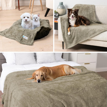 Waterproof Sherpa Pet Blanket for Small Dogs & Cats | Soft Reversible Pee-Proof Furniture Protector | Washable Warm Throw Cover for Couch, Sofa, Crate & Car (24x32 Taupe)