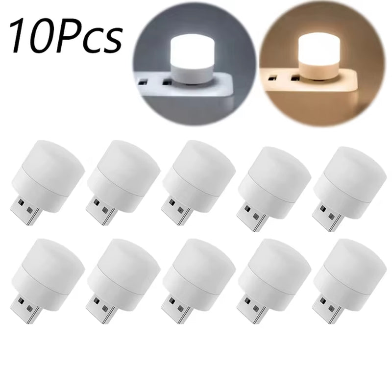 Mini USB LED Night Light Plug-In (1/10 Pcs) | Warm White Eye Protection Reading Lamp for Laptop, Power Bank & USB Chargers | Portable Compact Nightlight for Bedroom & Travel