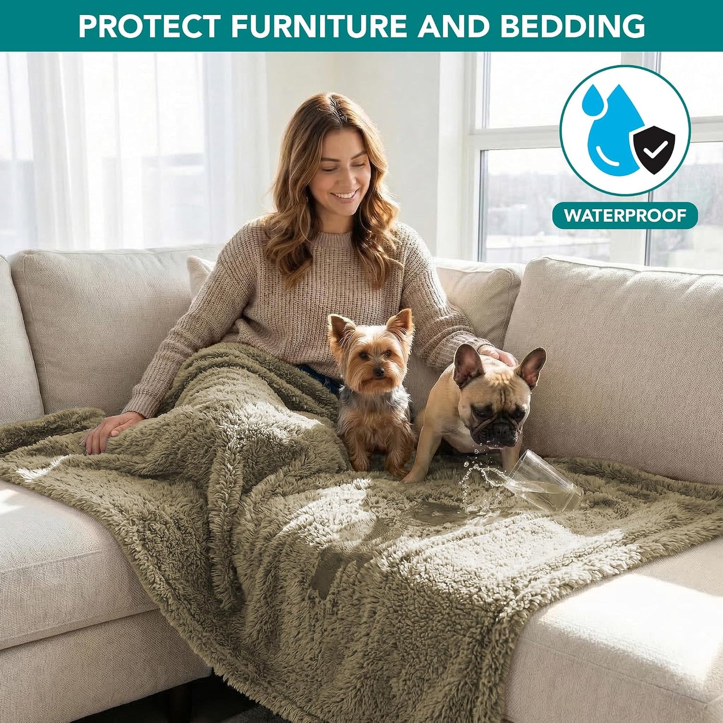 Waterproof Sherpa Pet Blanket for Small Dogs & Cats | Soft Reversible Pee-Proof Furniture Protector | Washable Warm Throw Cover for Couch, Sofa, Crate & Car (24x32 Taupe)