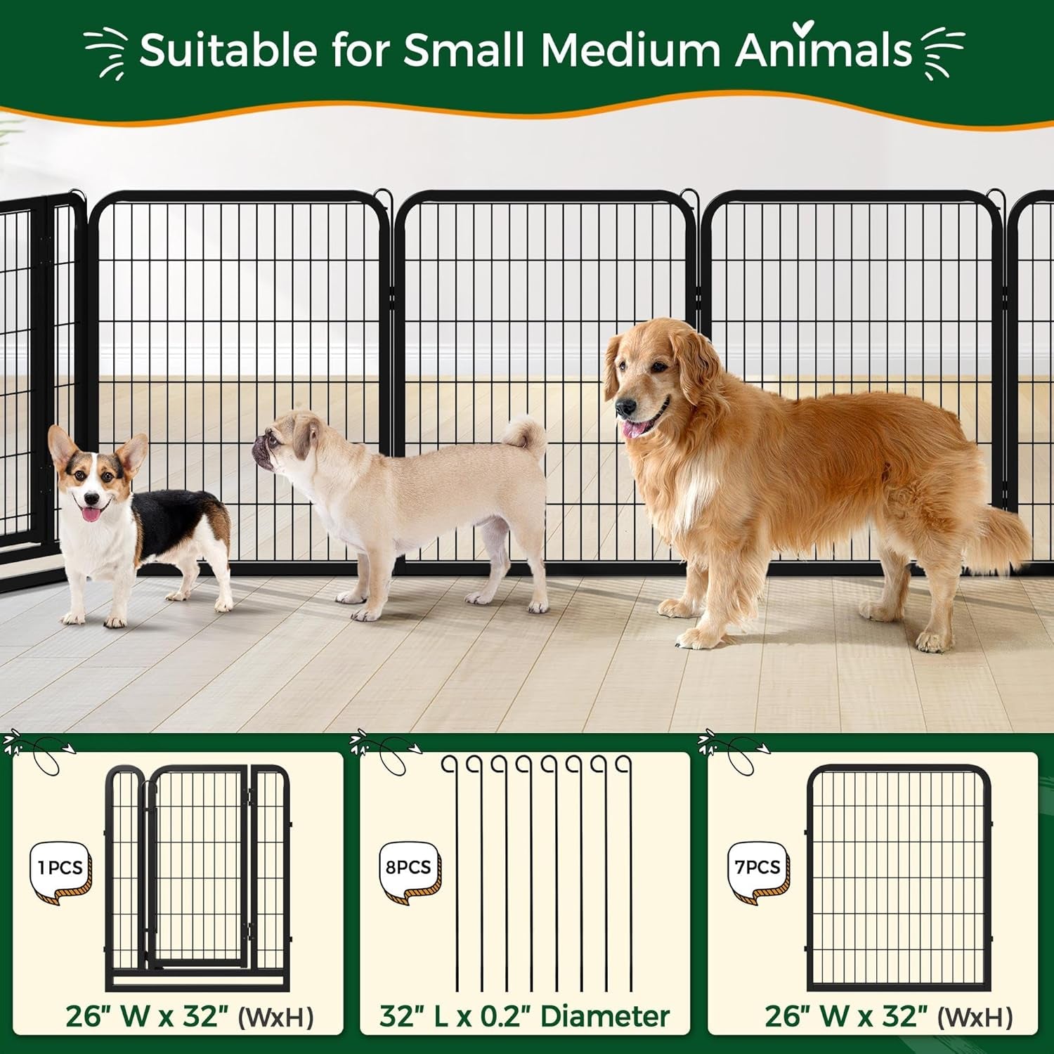 16-Panel Portable Dog Playpen & Pet Fence (32" Height) | Foldable Heavy-Duty Metal Exercise Pen for Small & Medium Dogs | Easy Setup Yard & Camping Gate with Lockable Door