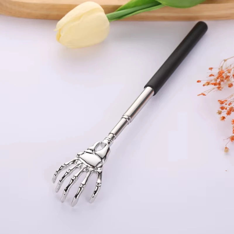 Telescopic Skull Palm Back Scratcher & Hand Massager | Extendable Stainless Steel Backslap Tool with Non-Slip Rubber Handle | Fun Novelty Decompression Relief Stick