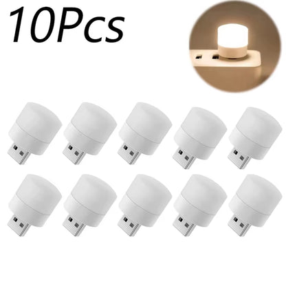 Mini USB LED Night Light Plug-In (1/10 Pcs) | Warm White Eye Protection Reading Lamp for Laptop, Power Bank & USB Chargers | Portable Compact Nightlight for Bedroom & Travel
