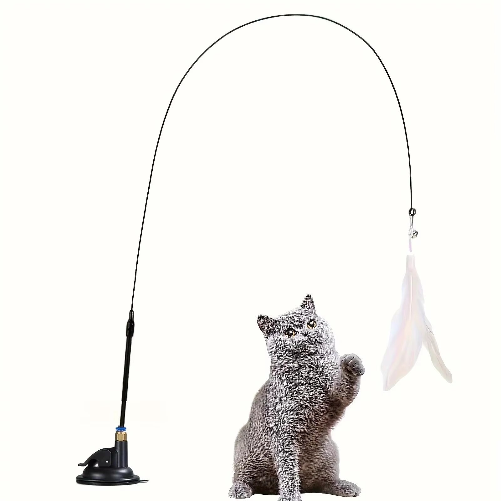 Interactive Cat Feather Teaser Wand Toy with Suction Cup Base & Bell | Long Wire Pole Exercise Toy for Indoor Cats & Kittens | Hands-Free & Manual Play