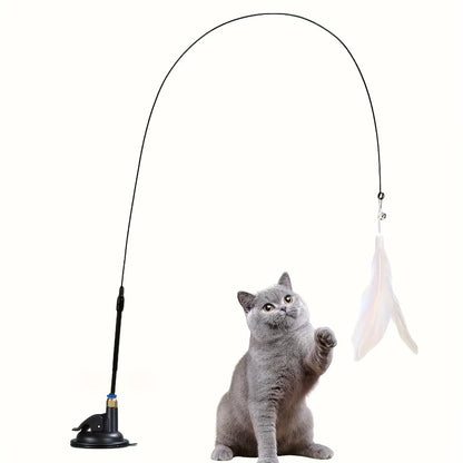 Interactive Cat Feather Teaser Wand Toy with Suction Cup Base & Bell | Long Wire Pole Exercise Toy for Indoor Cats & Kittens | Hands-Free & Manual Play