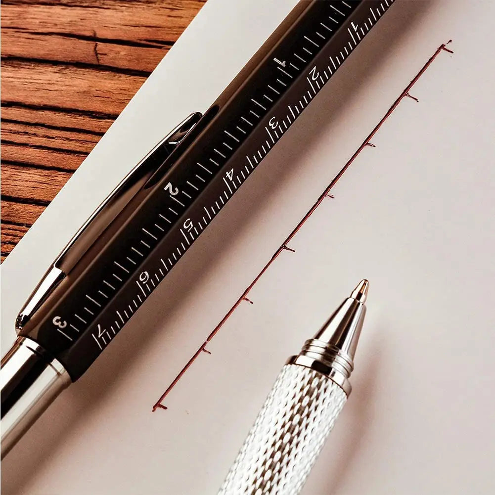 7-in-1 Multifunctional Tool Pen with Touch Screen Stylus & Screwdriver Set | Heavy-Duty Metal Ballpoint Pen with Bubble Level, Rulers & Refills for Engineers, Handymen & DIY