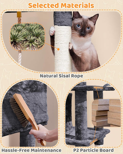 63" Tall Large Cat Tree & Activity Tower for Multiple Big Cats | Heavy-Duty Pet Condo with Cozy Hammock, Natural Sisal Posts & Extra Stable Base | Easy Assembly Indoor Furniture