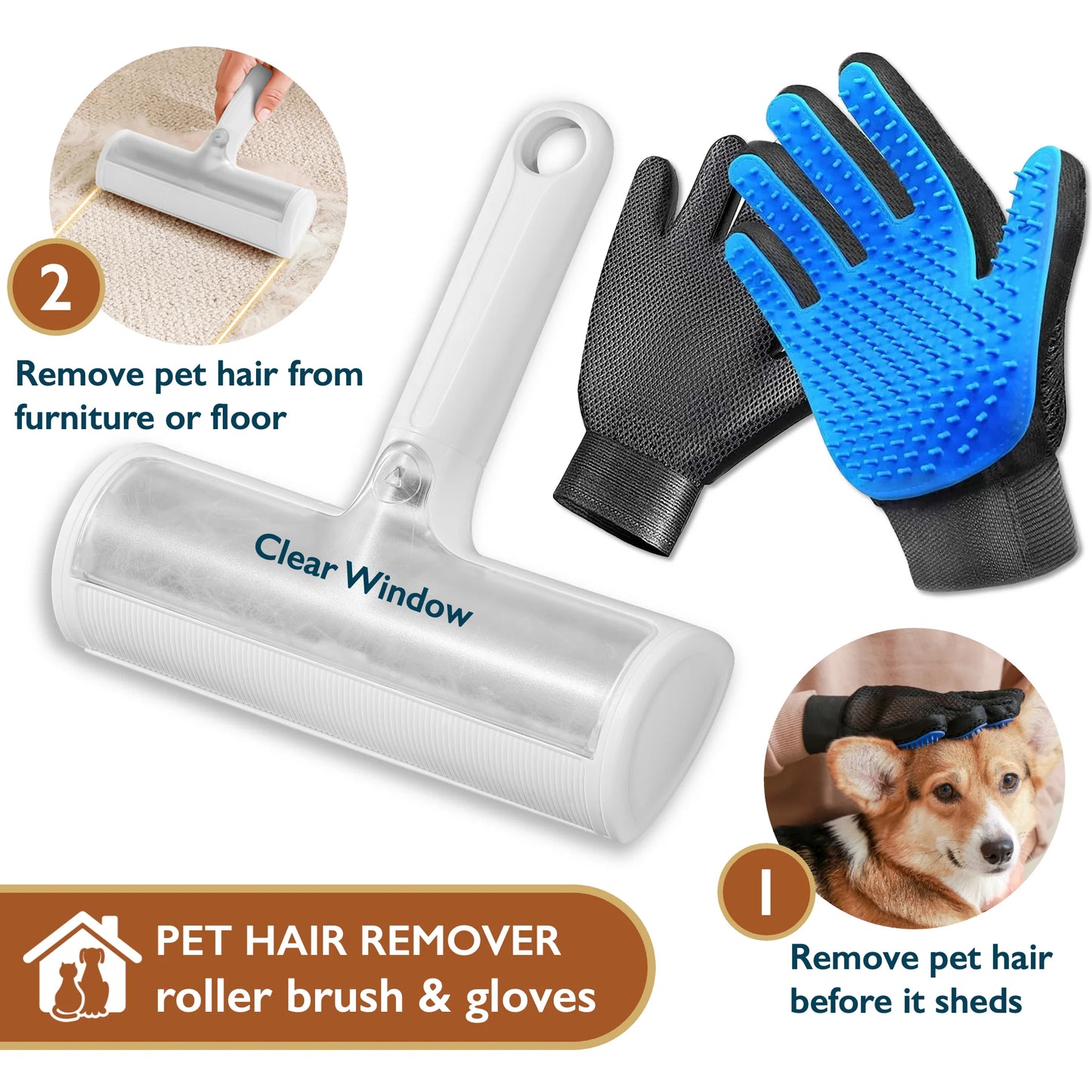 Ultimate Pet Hair Remover Roller & Grooming Gloves Set