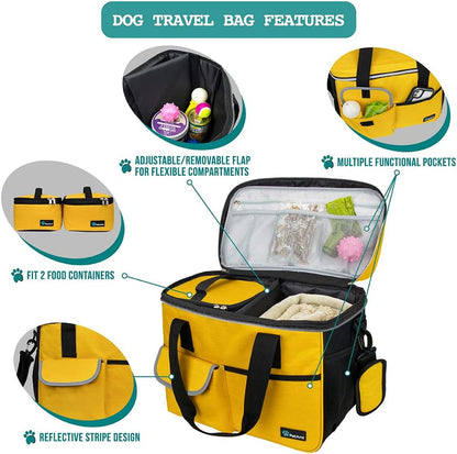 Premium Dog Travel Bag Organizer & Accessories Set | Medium Pet Tote Bag with 2 Silicone Collapsible Bowls & 2 Food Storage Containers | Waterproof Weekend Travel Kit with Luggage Sleeve