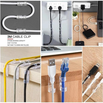 Desktop Cable Organizer Clips & Wire Management System | Adhesive ABS Cord Holder for Desk, Workstation & Car | Cable Winder Keeper for USB, Charging & Data Cables