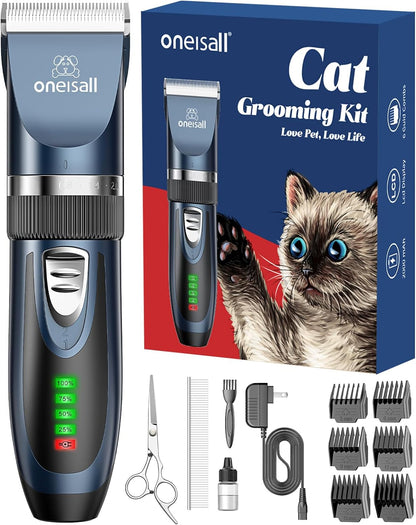 Quiet Cordless Cat Grooming Clippers for Matted & Long Hair | Professional Low-Noise Cat Shaver Kit with LCD Display, 2-Speed Trimmer & 6 Guard Combs | 240-Min Runtime for Cats & Small Dogs