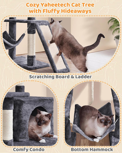 63" Tall Large Cat Tree & Activity Tower for Multiple Big Cats | Heavy-Duty Pet Condo with Cozy Hammock, Natural Sisal Posts & Extra Stable Base | Easy Assembly Indoor Furniture