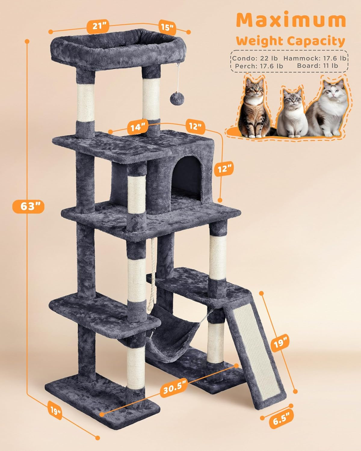 63" Tall Large Cat Tree & Activity Tower for Multiple Big Cats | Heavy-Duty Pet Condo with Cozy Hammock, Natural Sisal Posts & Extra Stable Base | Easy Assembly Indoor Furniture